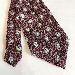 Vintage CLOCK TIMEPIECE Necktie Mens Italian Made Silk Burgundy Gray Ivory 58"
